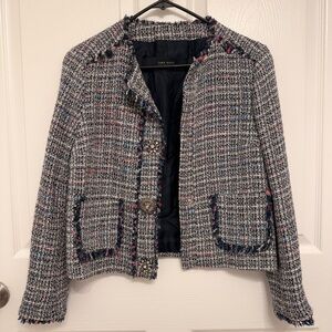 Zara Navy, Pink & White Tweed Cropped Blazer